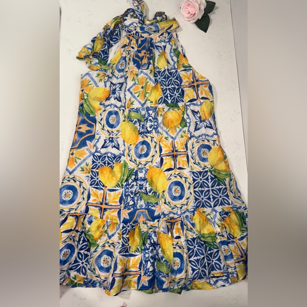 STATE Women's Blue and Yellow Patterned Mini Dress